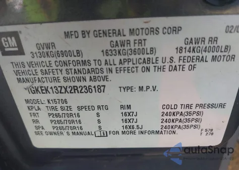 2002 GMC Yukon Slt из США, поврежденный, VIN 1GKEK13ZX2R236187